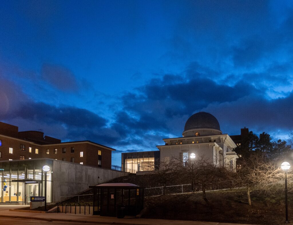 evening view of observatory and addition from northeast